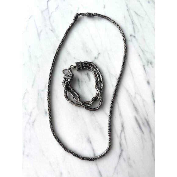 925 Sterling Silver Byzantine Chain Necklace & Multi-Strand Bracelet Set - Picture 5 of 6